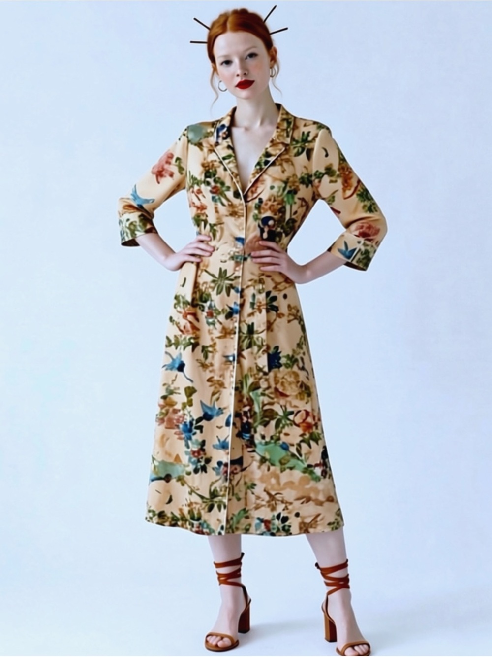 #121 Zara Floral Satin Long Dress/Robe in Peachy background - Picture 2 of 7